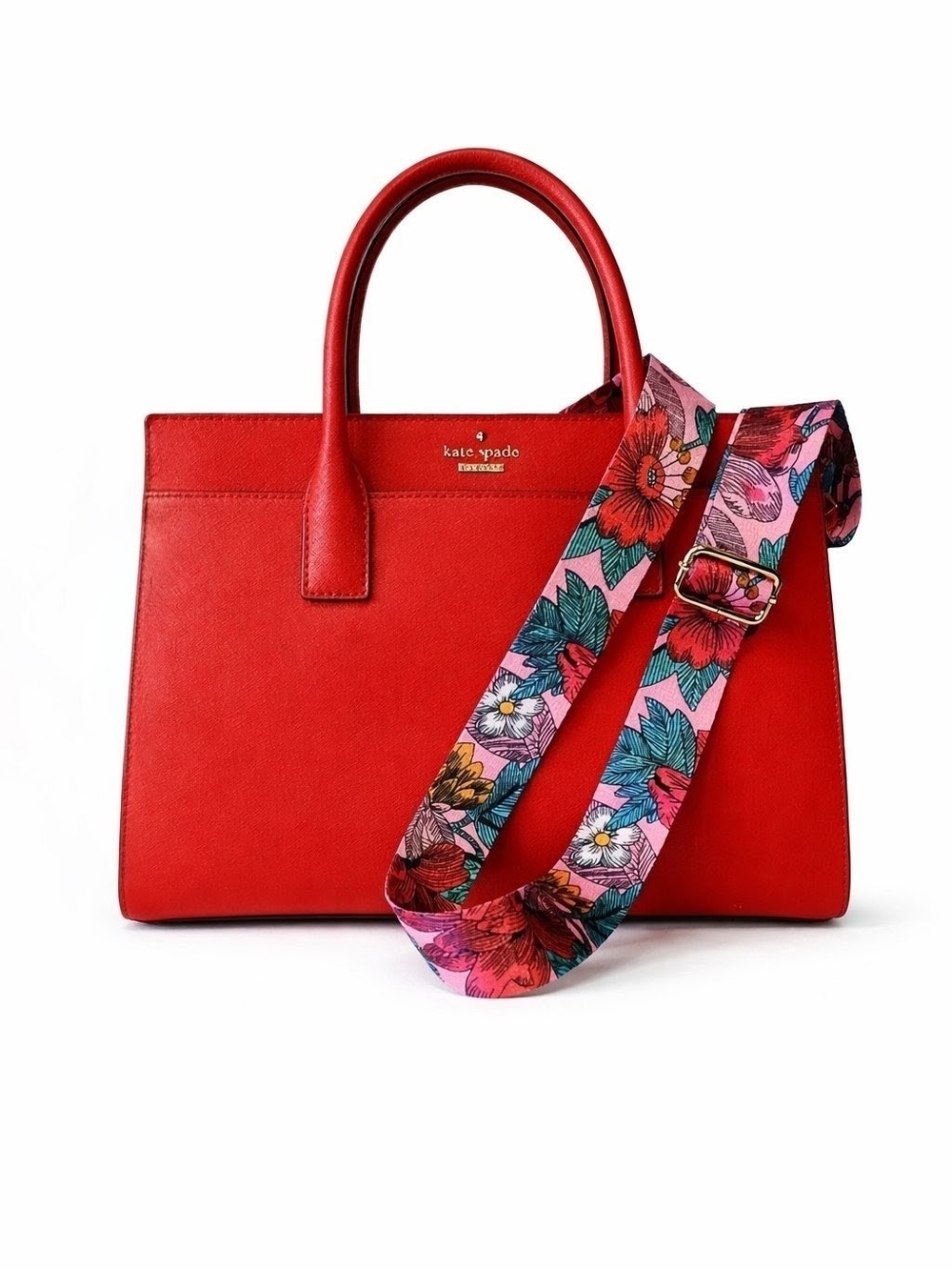 Kate Spade Red Saffiano Leather Satchel + Floral Crossbody Strap
